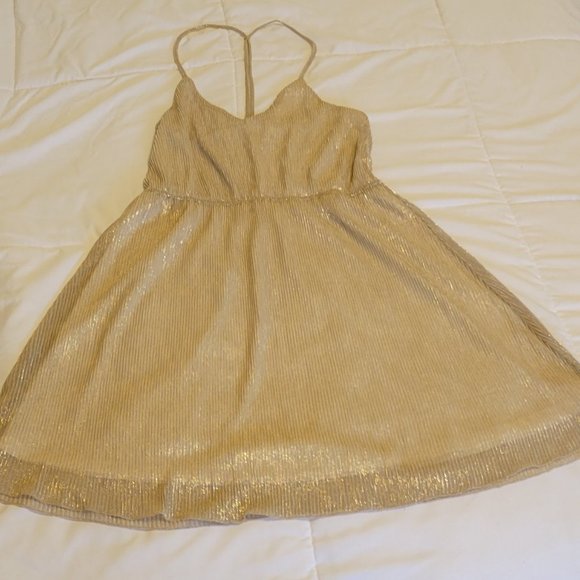 ❣️HP❣️Champagne gold/silver shimmer halter strap flare mini cocktail dress Sz:M - Picture 5 of 6